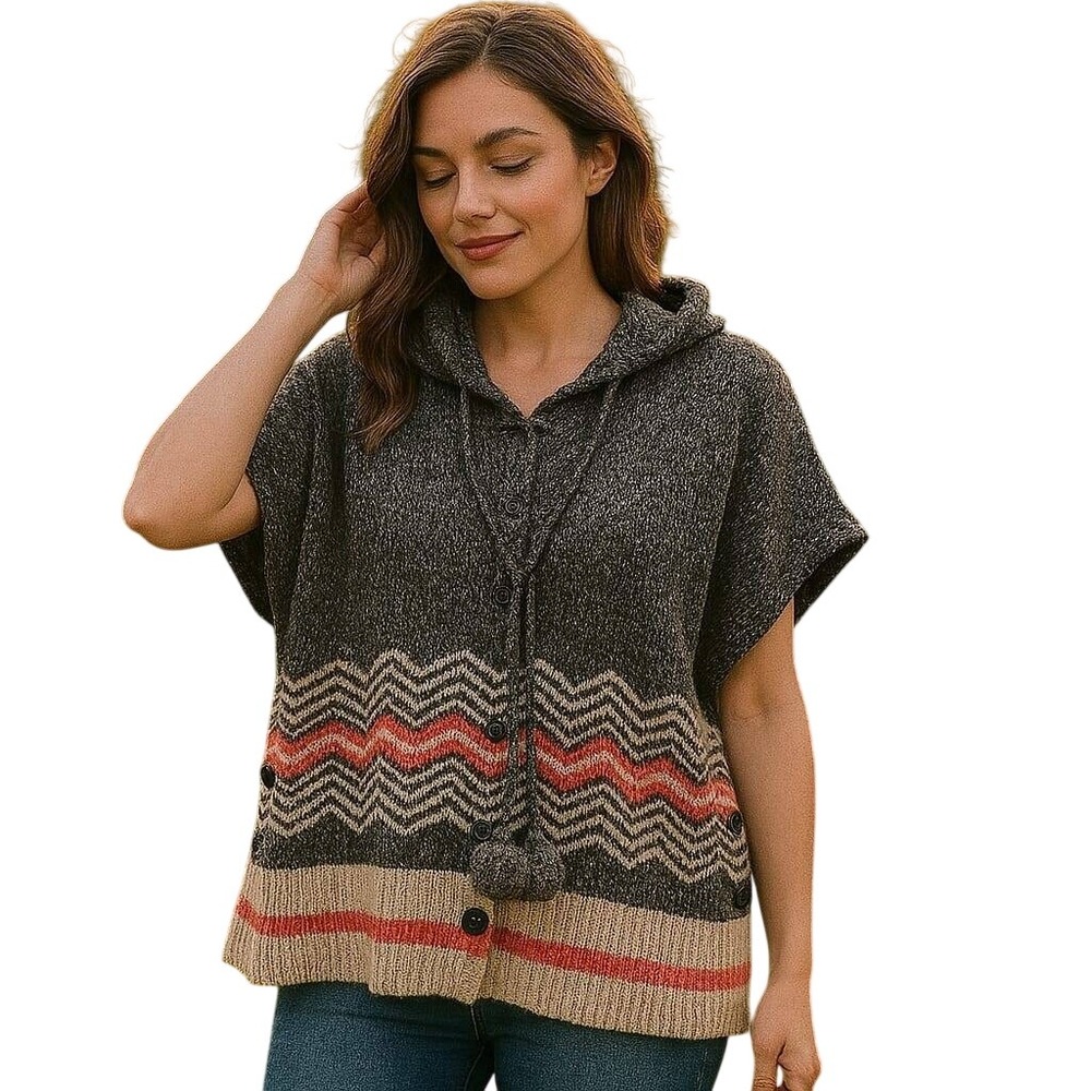 Costa Blanca Sleeveless‎ Cowl Neck Sweater with Chevron Pattern Grey Red Beige M